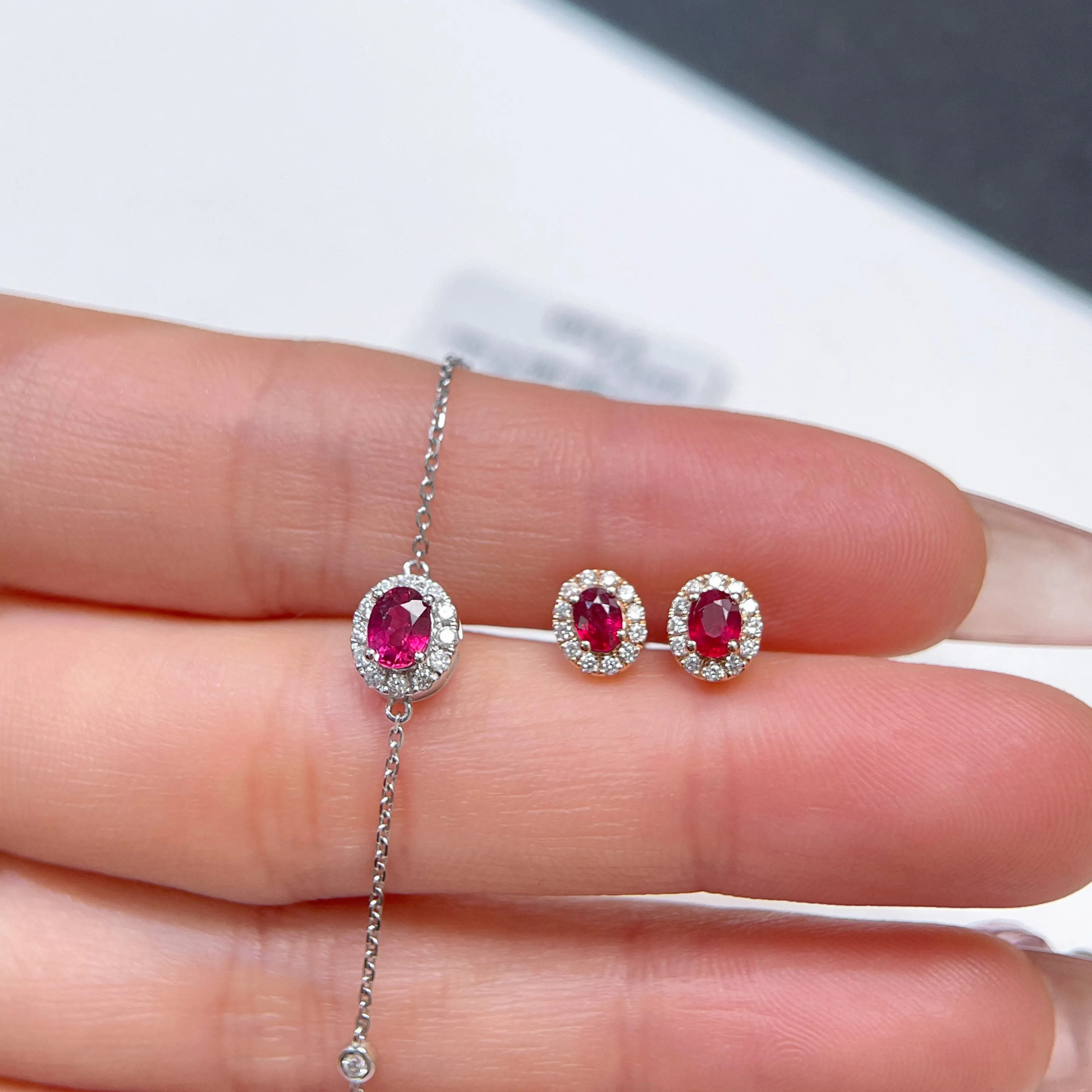 Natural Ruby Earrings Mini Halo Setting 18K Solid Rose Gold