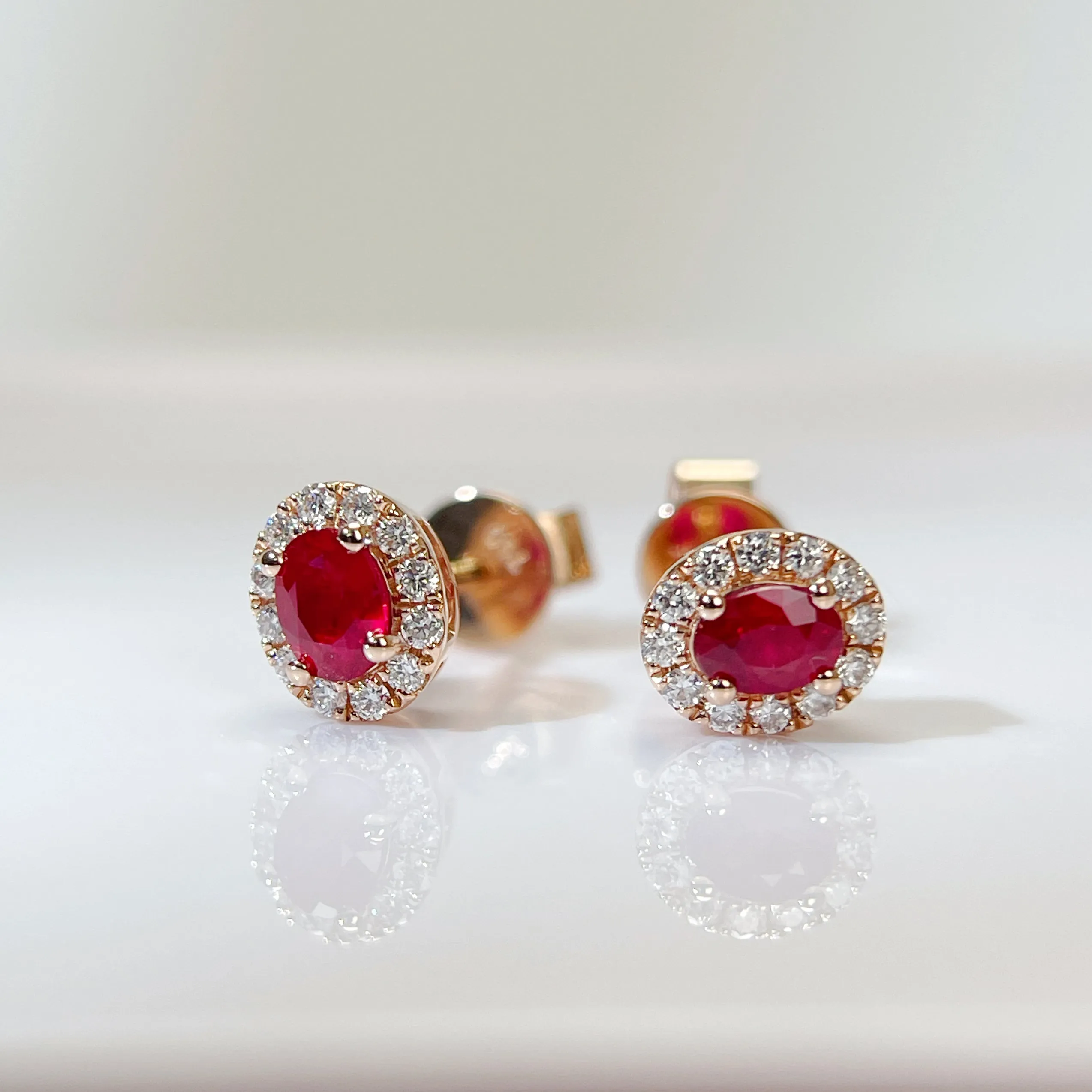 Natural Ruby Earrings Mini Halo Setting 18K Solid Rose Gold