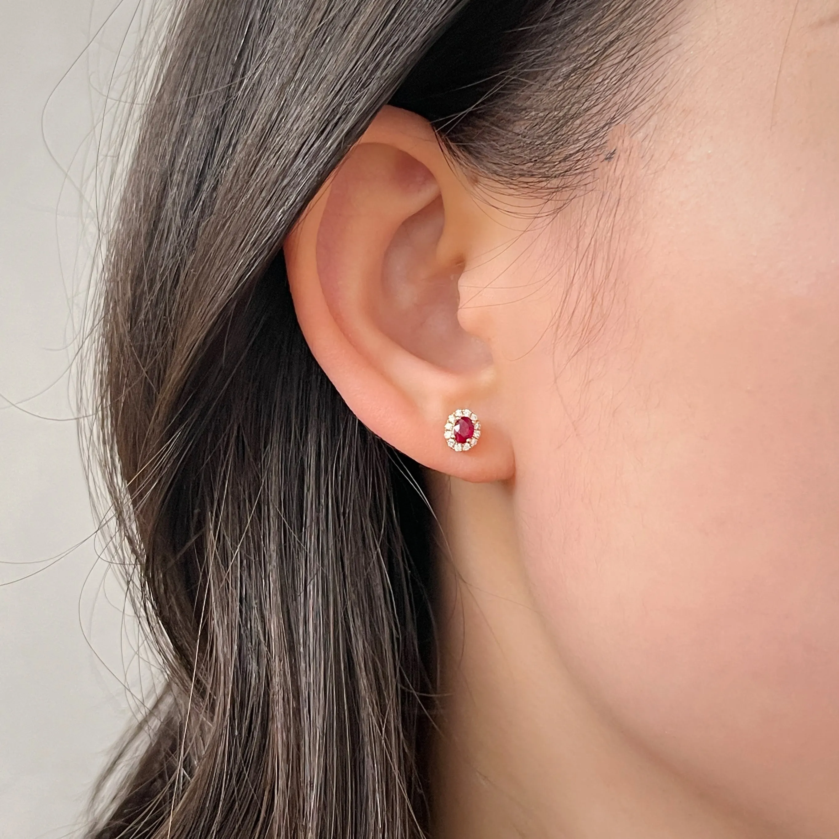 Natural Ruby Earrings Mini Halo Setting 18K Solid Rose Gold