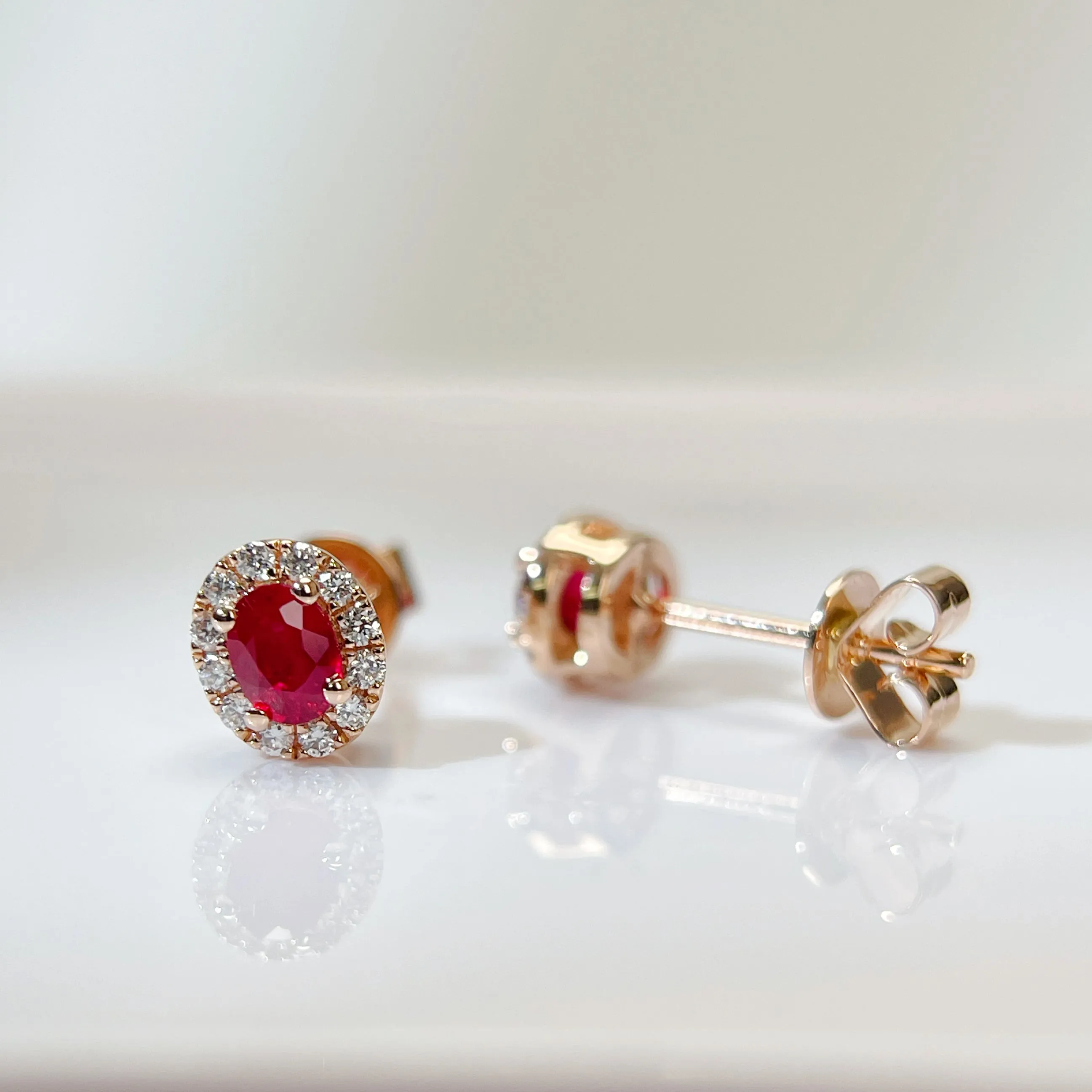 Natural Ruby Earrings Mini Halo Setting 18K Solid Rose Gold