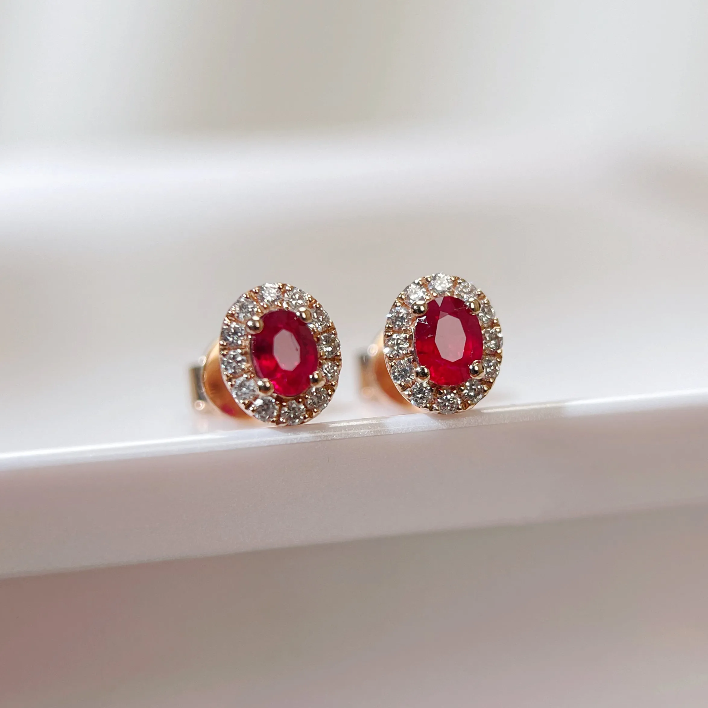Natural Ruby Earrings Mini Halo Setting 18K Solid Rose Gold