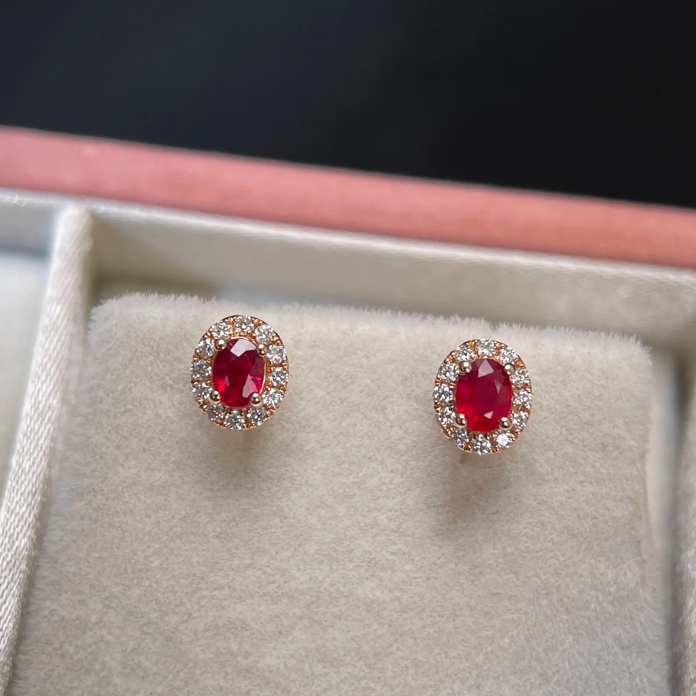 Natural Ruby Earrings Mini Halo Setting 18K Solid Rose Gold