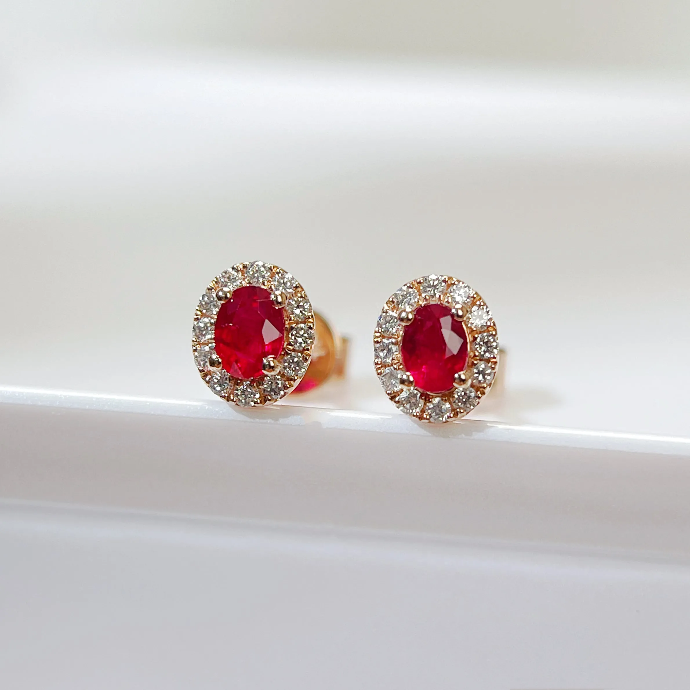 Natural Ruby Earrings Mini Halo Setting 18K Solid Rose Gold