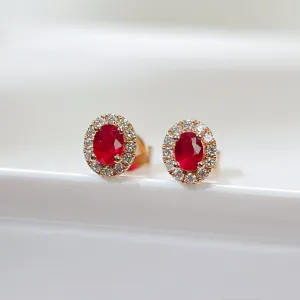 Natural Ruby Earrings Mini Halo Setting 18K Solid Rose Gold