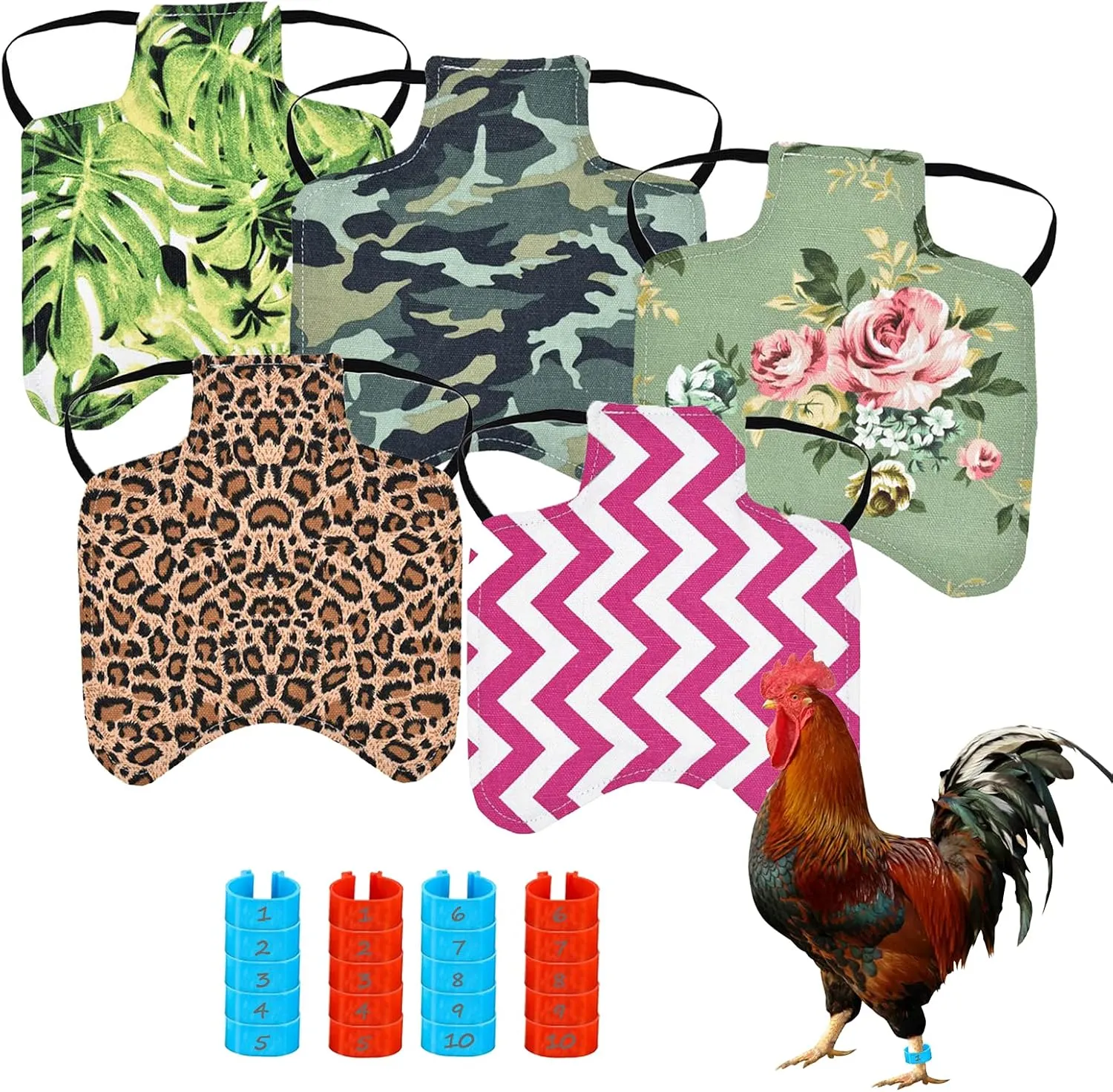 NEW 5 PCS Chicken Saddle Hen Apron with 20 PCS Chicken Leg Rings, Standard Hen Saddles with Wing Protectors, Hen Apron with Jacket Straps Poultry Protector Apron Suit for Small, Medium and Large Hens