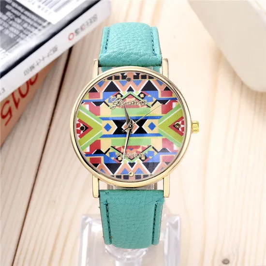Newest Vintage Vogue Women Pattern fashion casual quartz leather watch Round dial wrist watch Korea Female Clock Classic Geneva