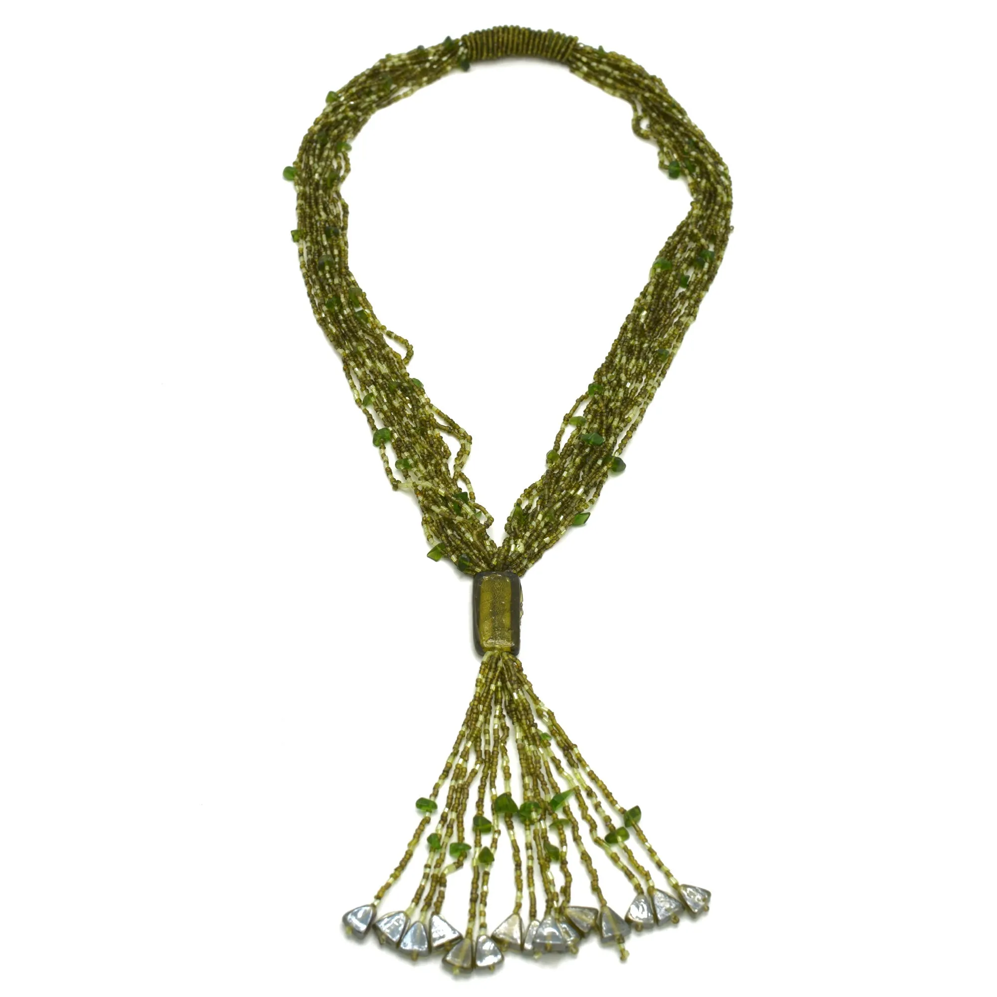 Olive multi layered Seed beads tassel long Necklace #N3101_OLIVE12 (QC4)