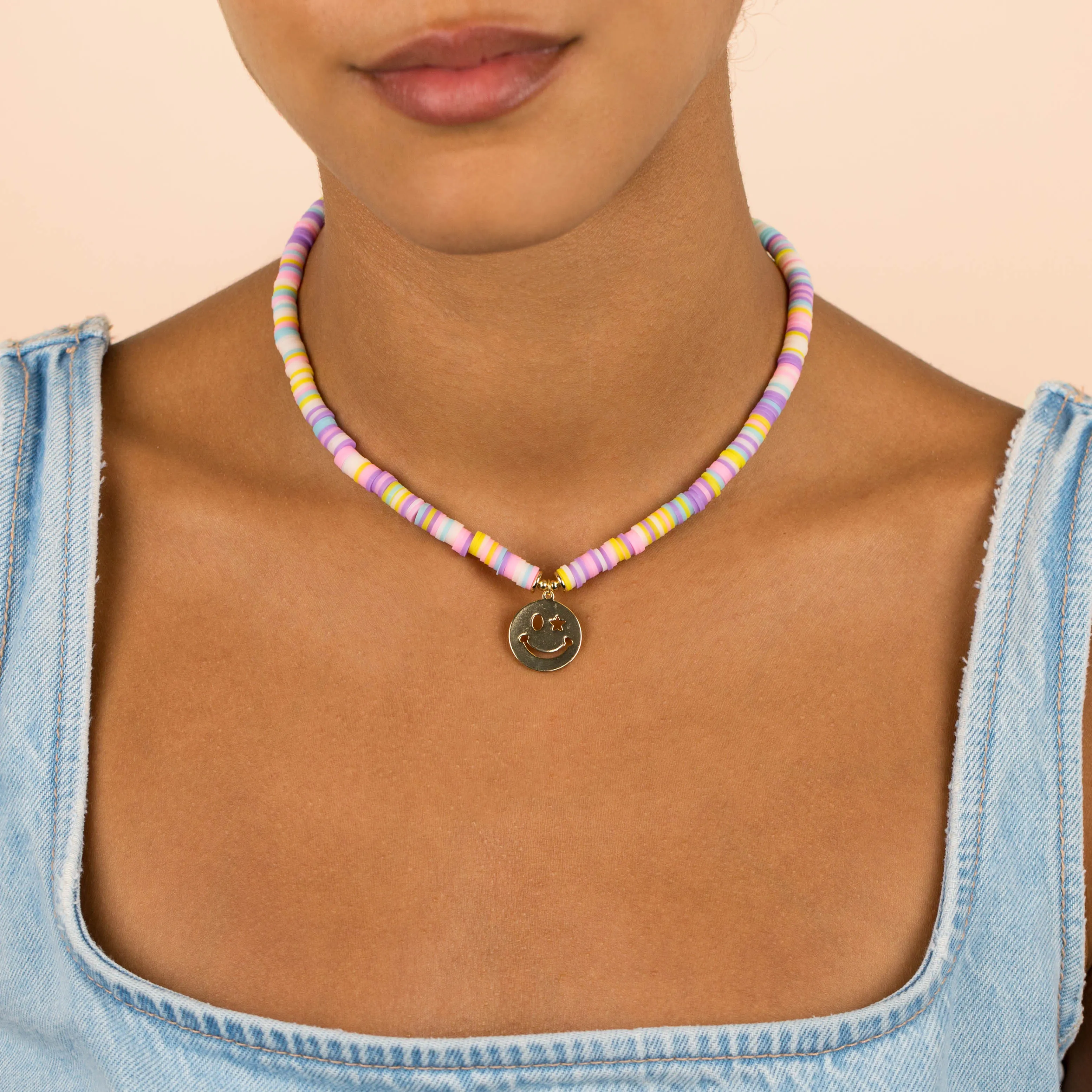 Pastel Multi Color Bead Smiley Face Necklace
