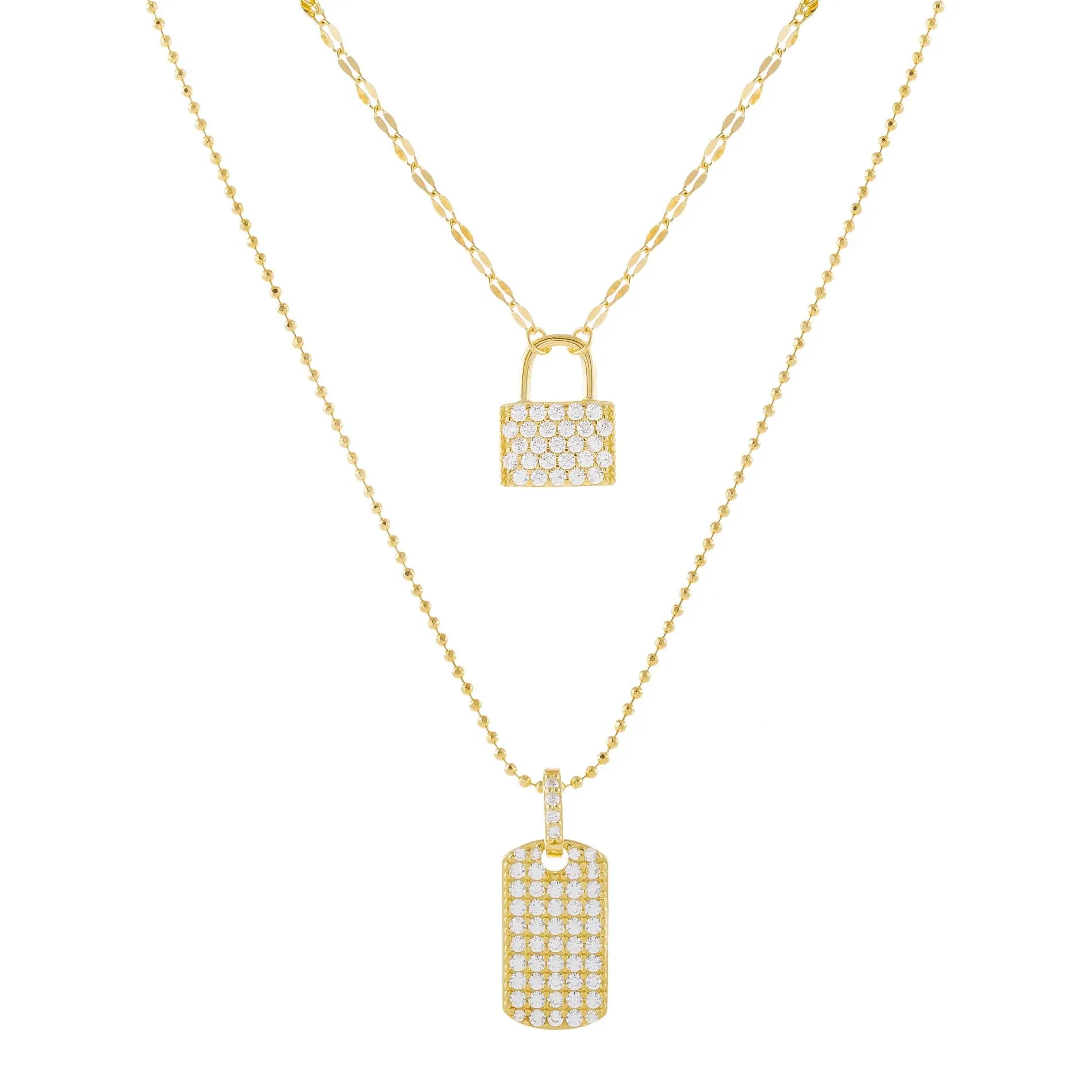 Pavé Lock X Dog Tag Layered Necklace