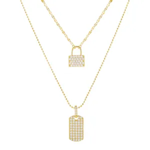 Pavé Lock X Dog Tag Layered Necklace