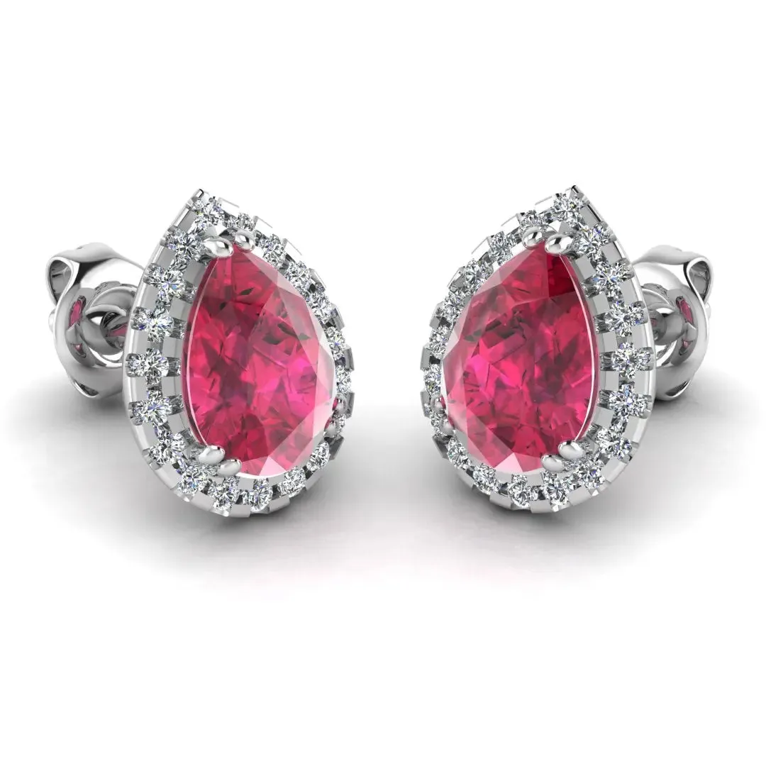 Pear Shape Ruby and Diamond Halo Stud Earrings - EHAPR