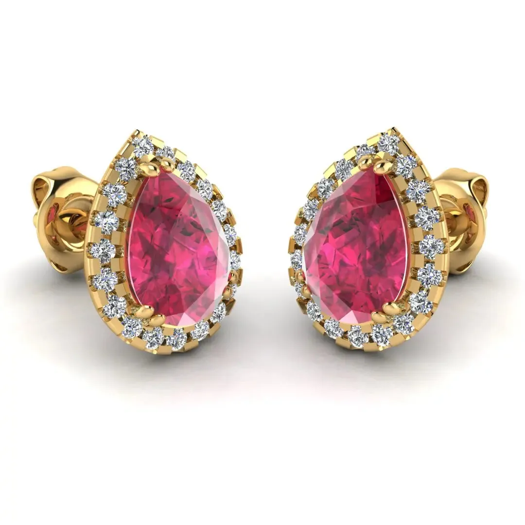 Pear Shape Ruby and Diamond Halo Stud Earrings - EHAPR