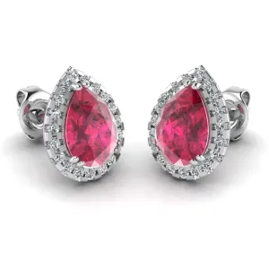 Pear Shape Ruby and Diamond Halo Stud Earrings - EHAPR
