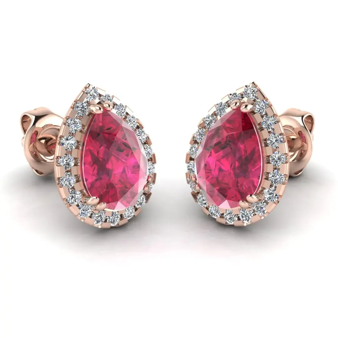Pear Shape Ruby and Diamond Halo Stud Earrings - EHAPR