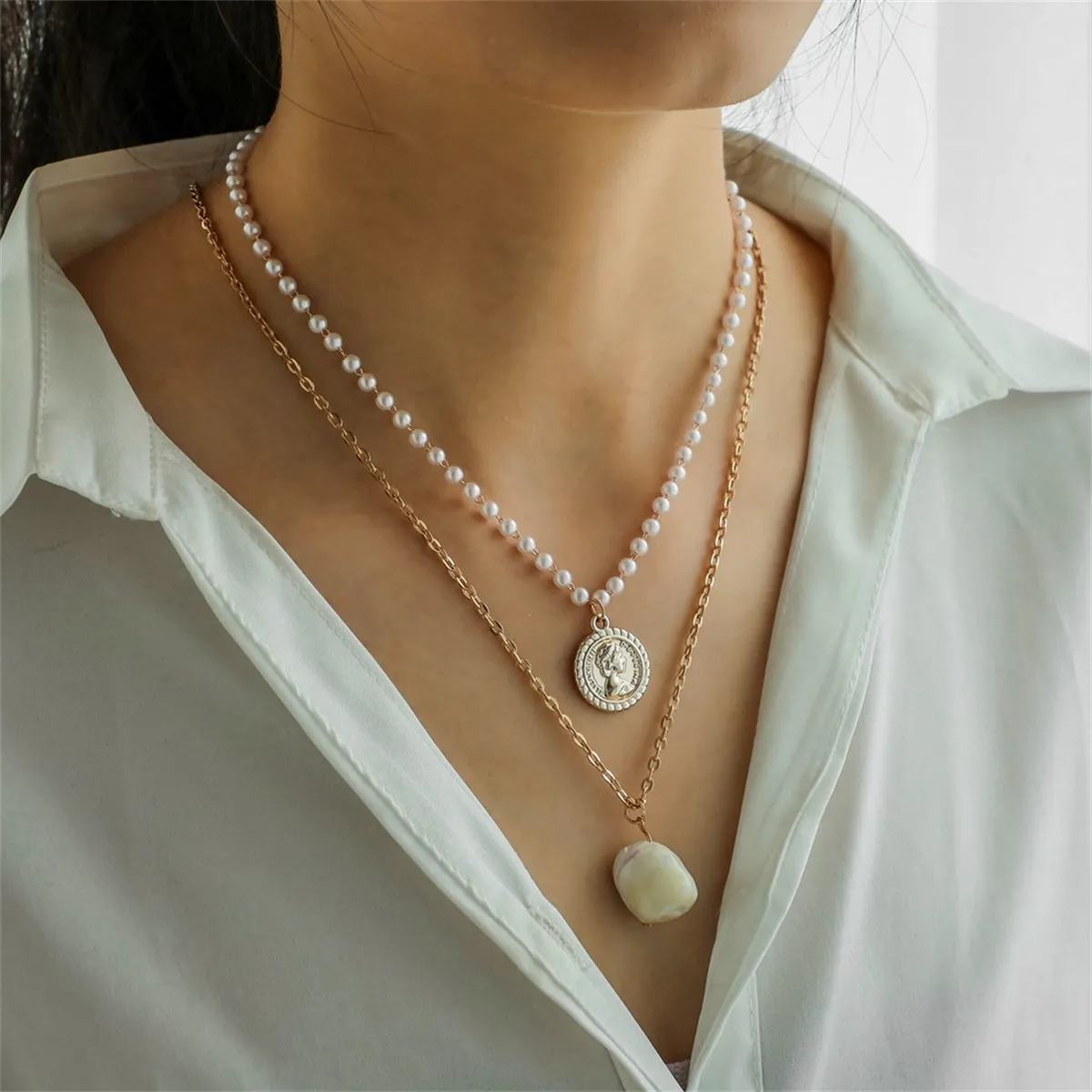 Pearl & 18K Gold-Plated Coin Pendant Necklace Set
