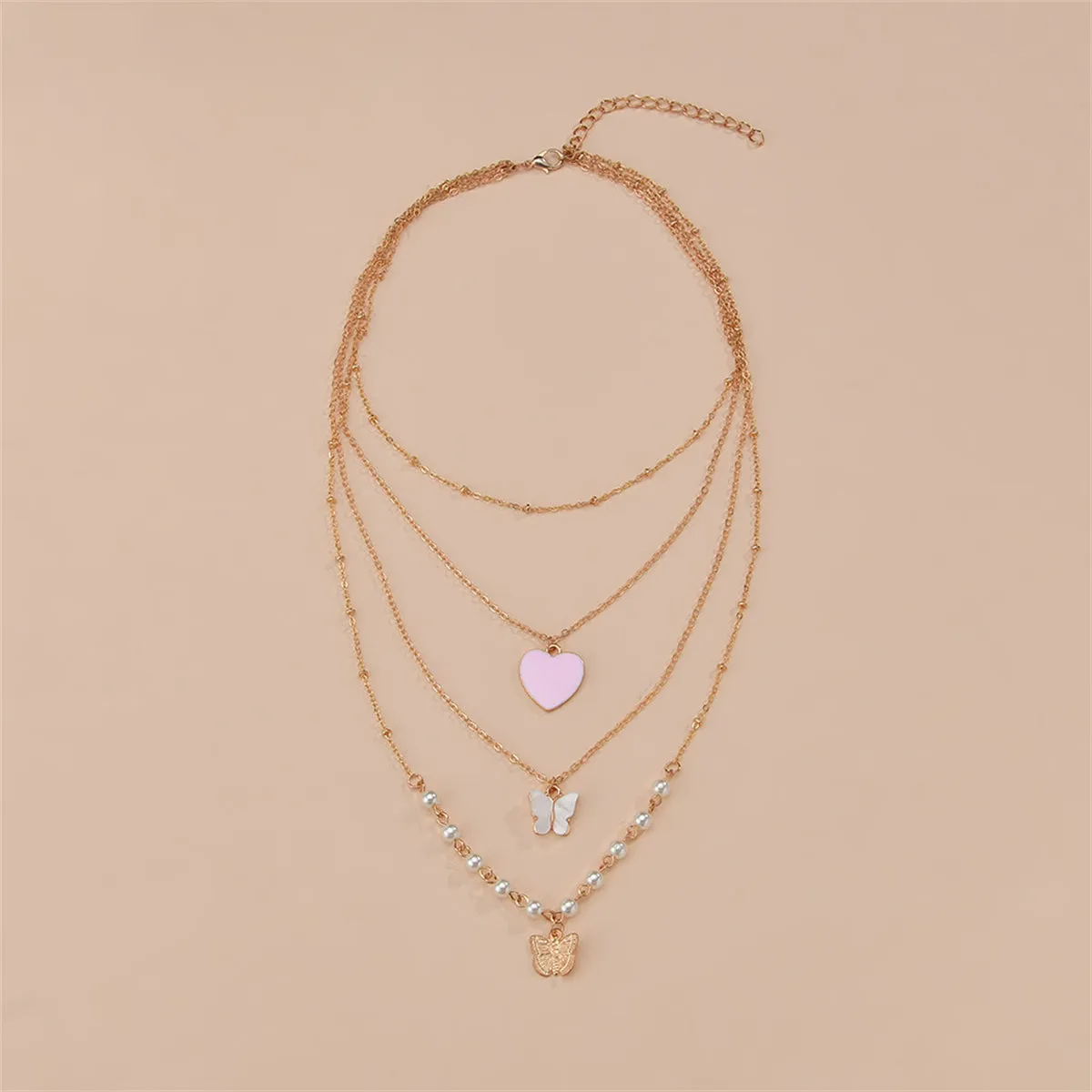 Pearl & Pink Enamel 18K Gold-Plated Heart Pendant Layered Necklace