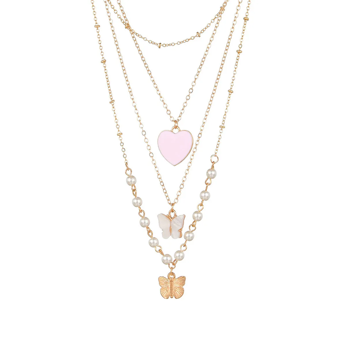 Pearl & Pink Enamel 18K Gold-Plated Heart Pendant Layered Necklace