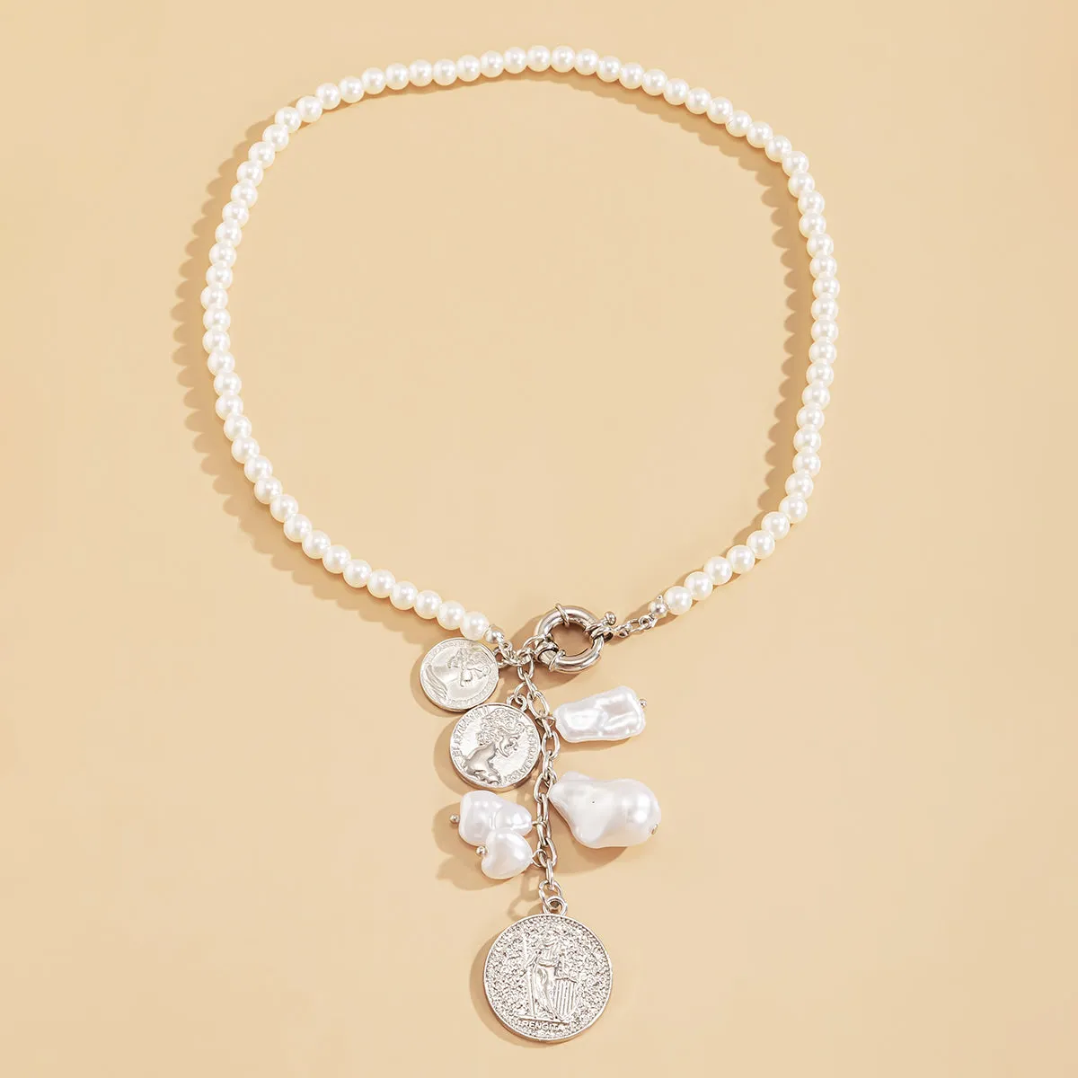 Pearl & Silver-Plated Coin Drop Necklace