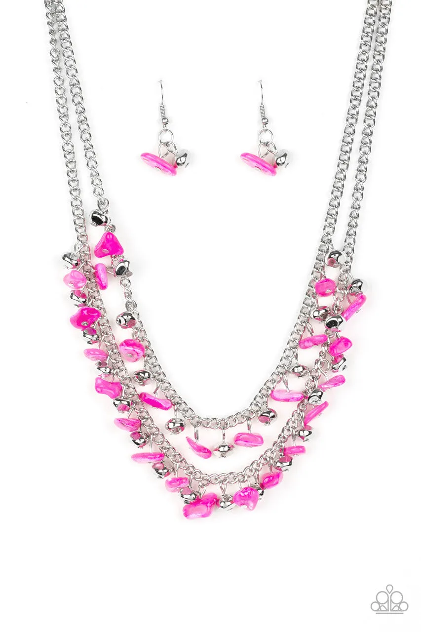Pebble Pioneer - Pink - Stone and Silver Bead Tiered Paparazzi Short Necklace