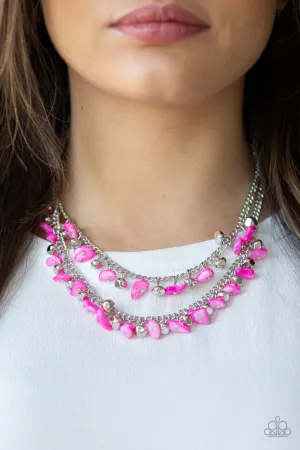 Pebble Pioneer - Pink - Stone and Silver Bead Tiered Paparazzi Short Necklace