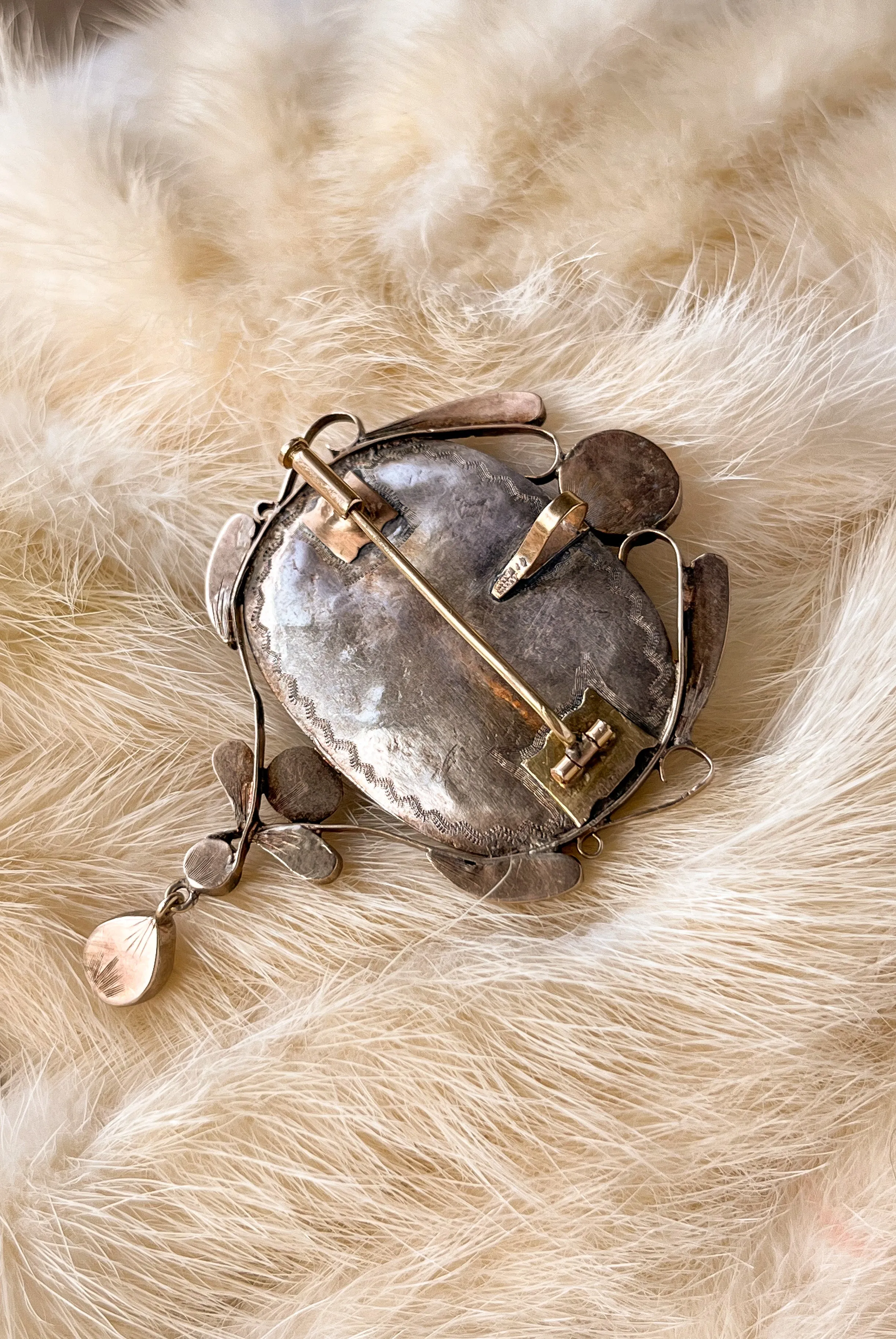 Porcelain Brooch Miniature of Zeus and Almatheia In Crete With Garnets and Diamonds