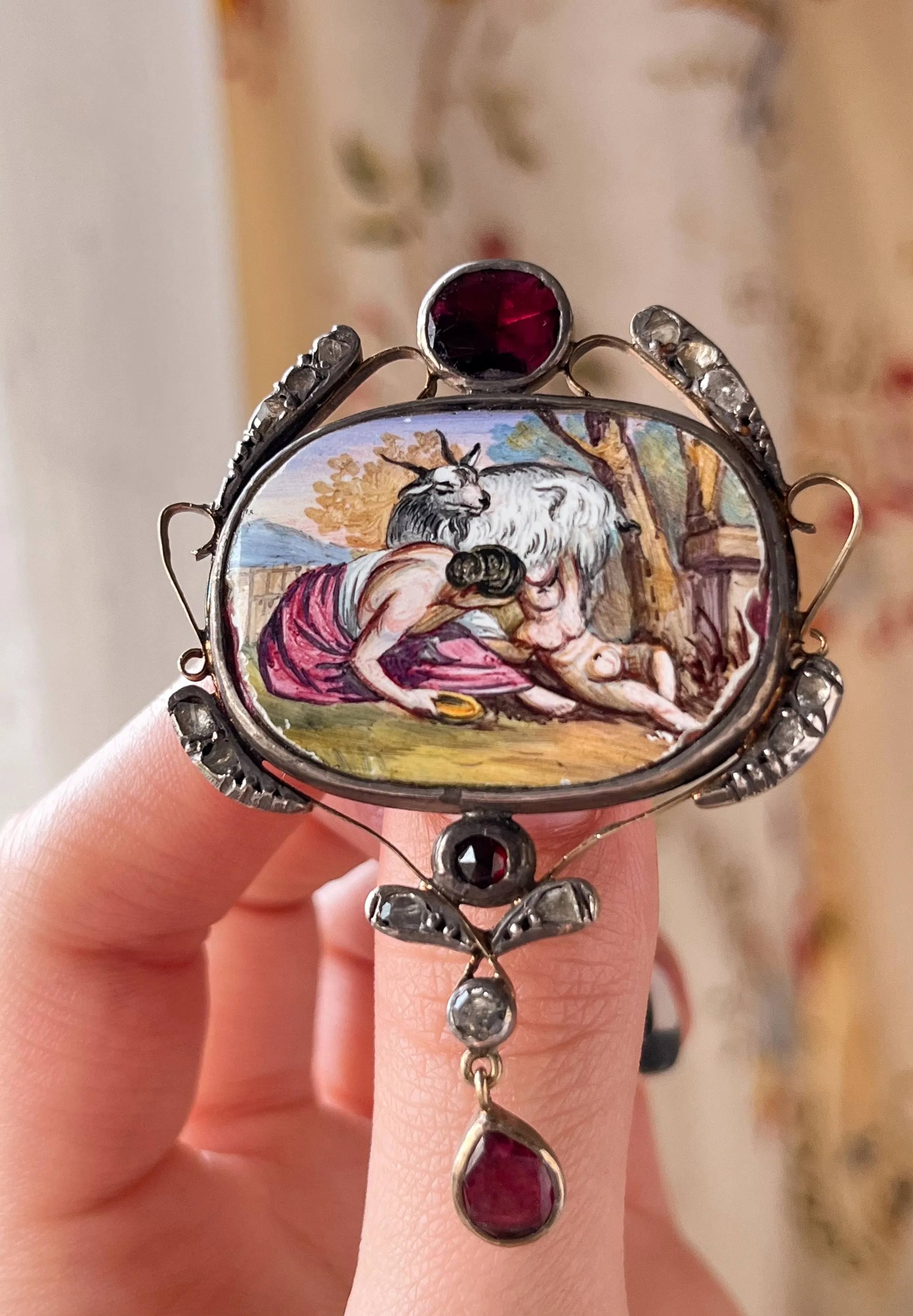Porcelain Brooch Miniature of Zeus and Almatheia In Crete With Garnets and Diamonds