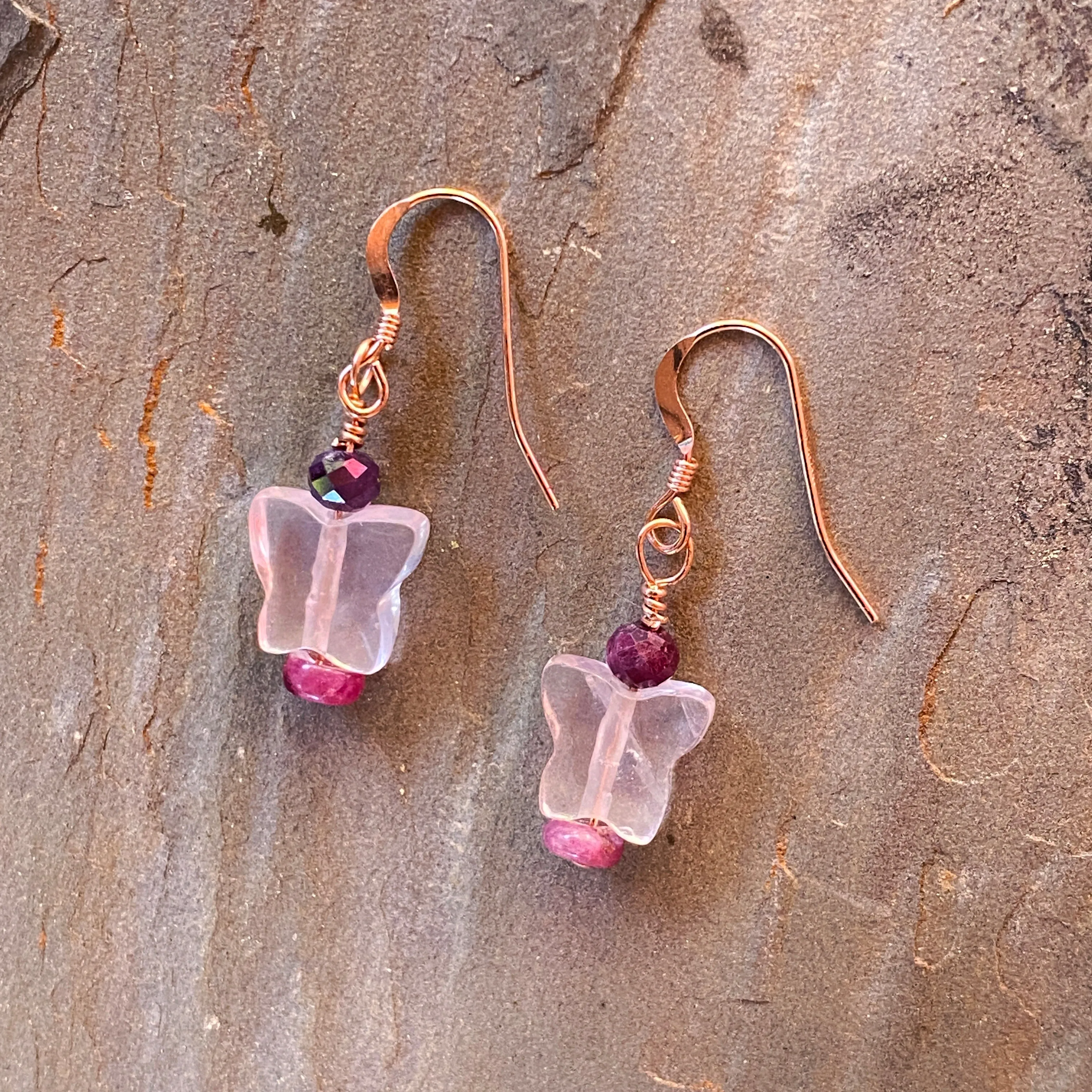 Precious ruby,  Rose Quartz butterfly & Pink Tourmaline, 14 kt rose gold drop earrings.