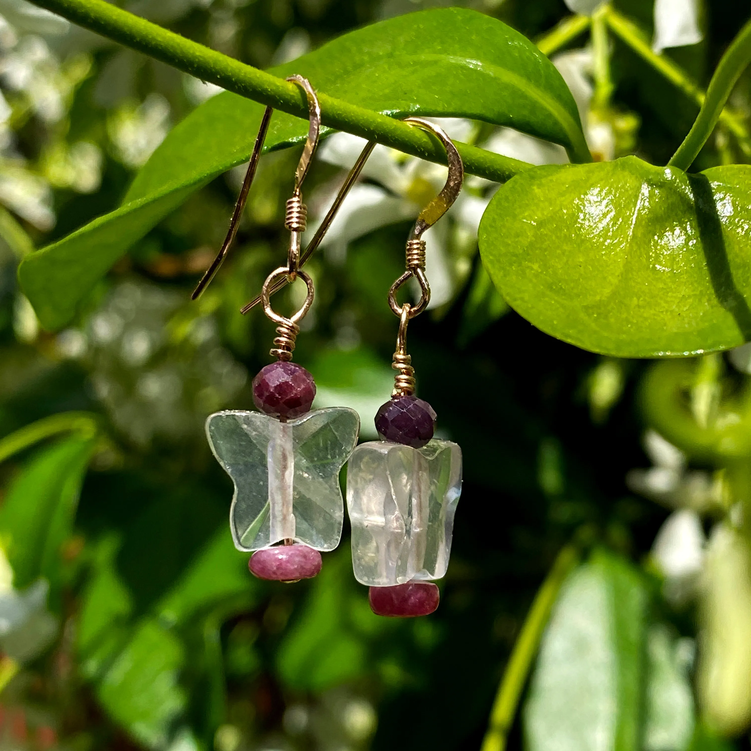 Precious ruby,  Rose Quartz butterfly & Pink Tourmaline, 14 kt rose gold drop earrings.
