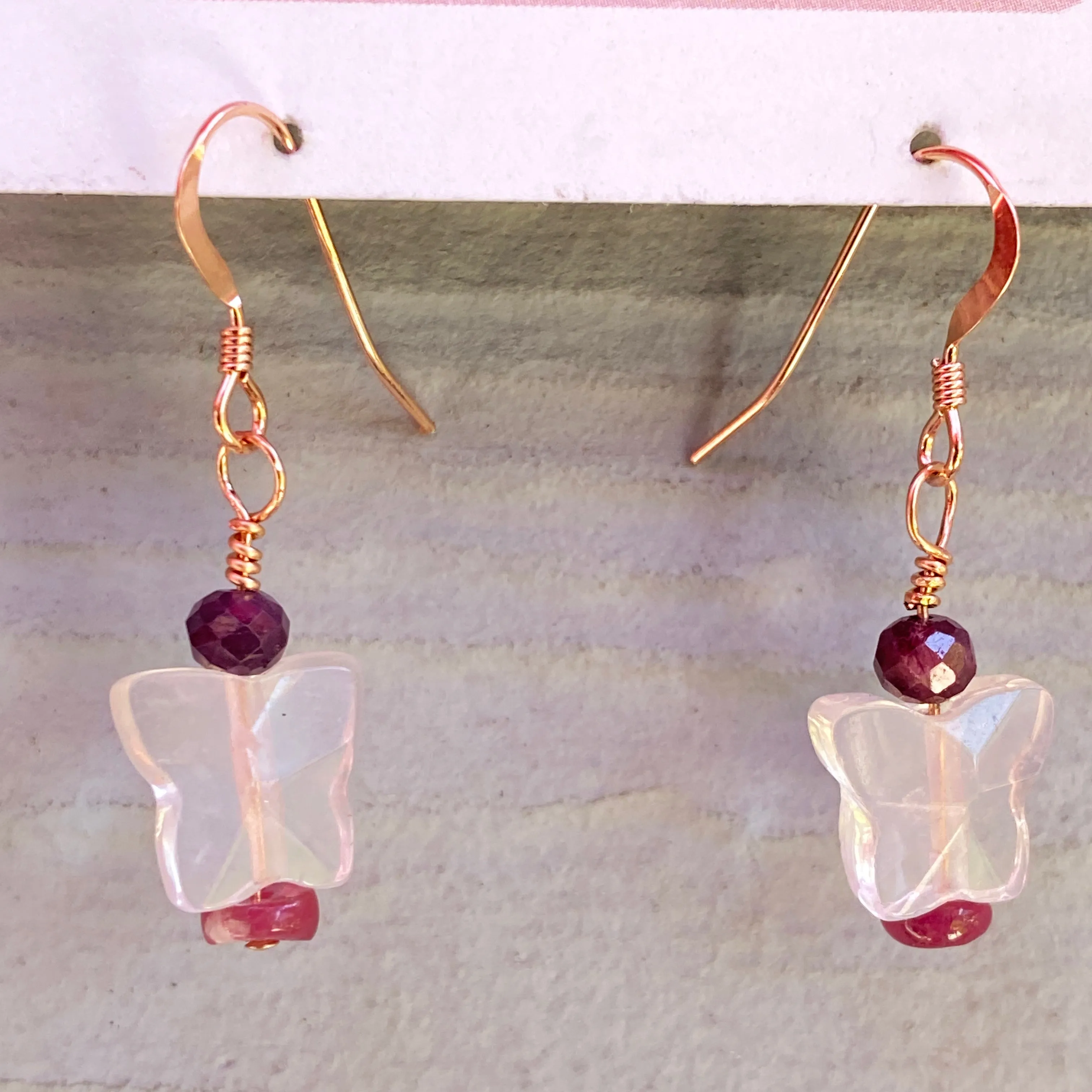Precious ruby,  Rose Quartz butterfly & Pink Tourmaline, 14 kt rose gold drop earrings.