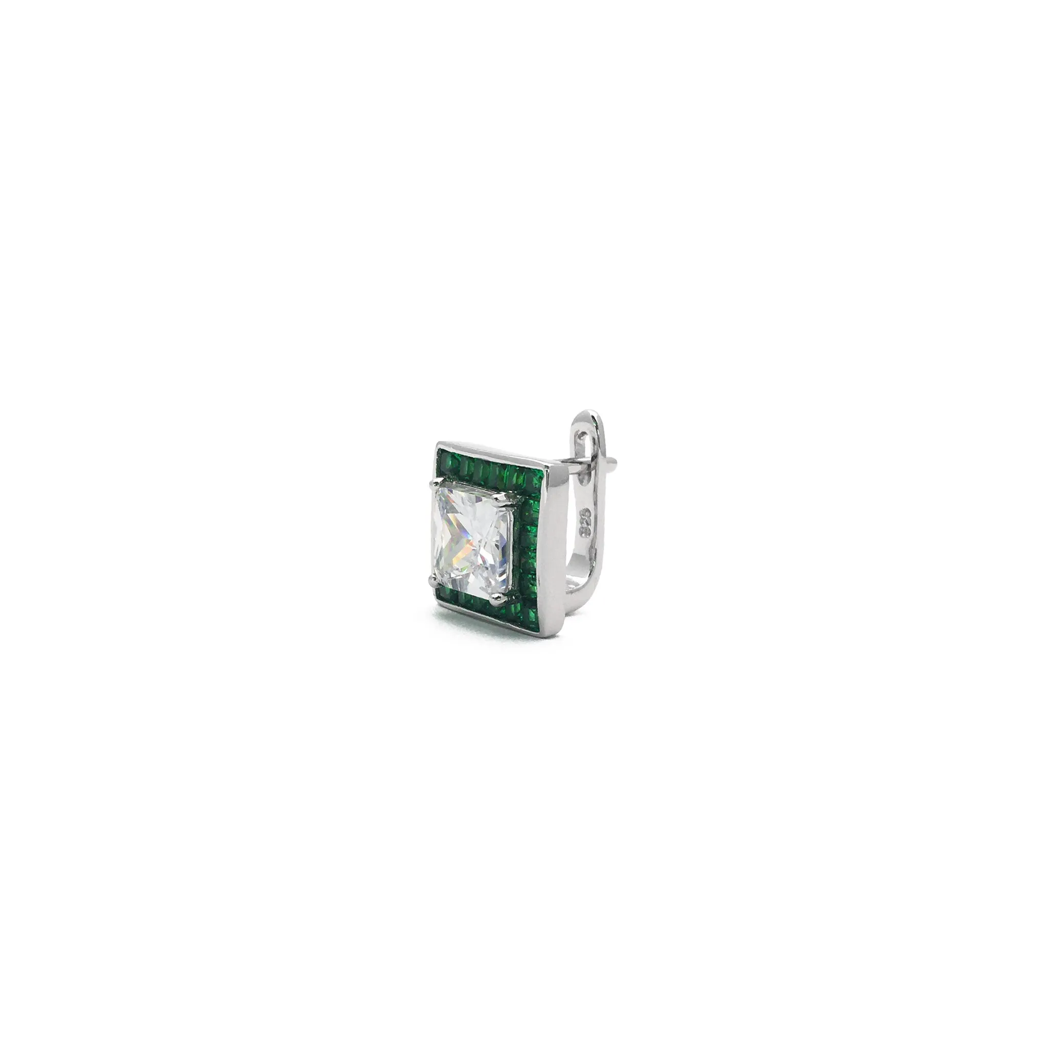 Princess Zirconia Faux Emerald Halo Stud Earrings (Silver)