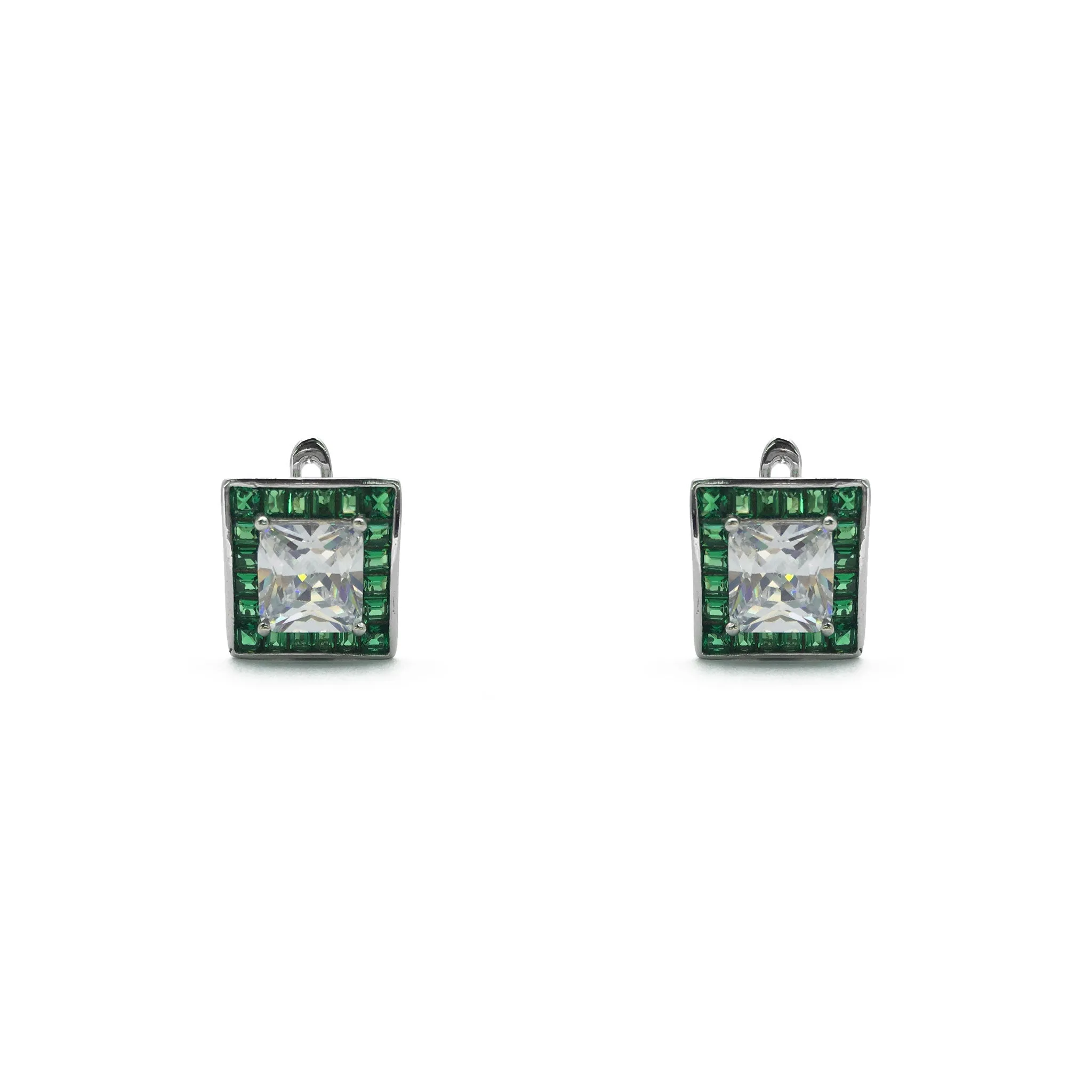 Princess Zirconia Faux Emerald Halo Stud Earrings (Silver)