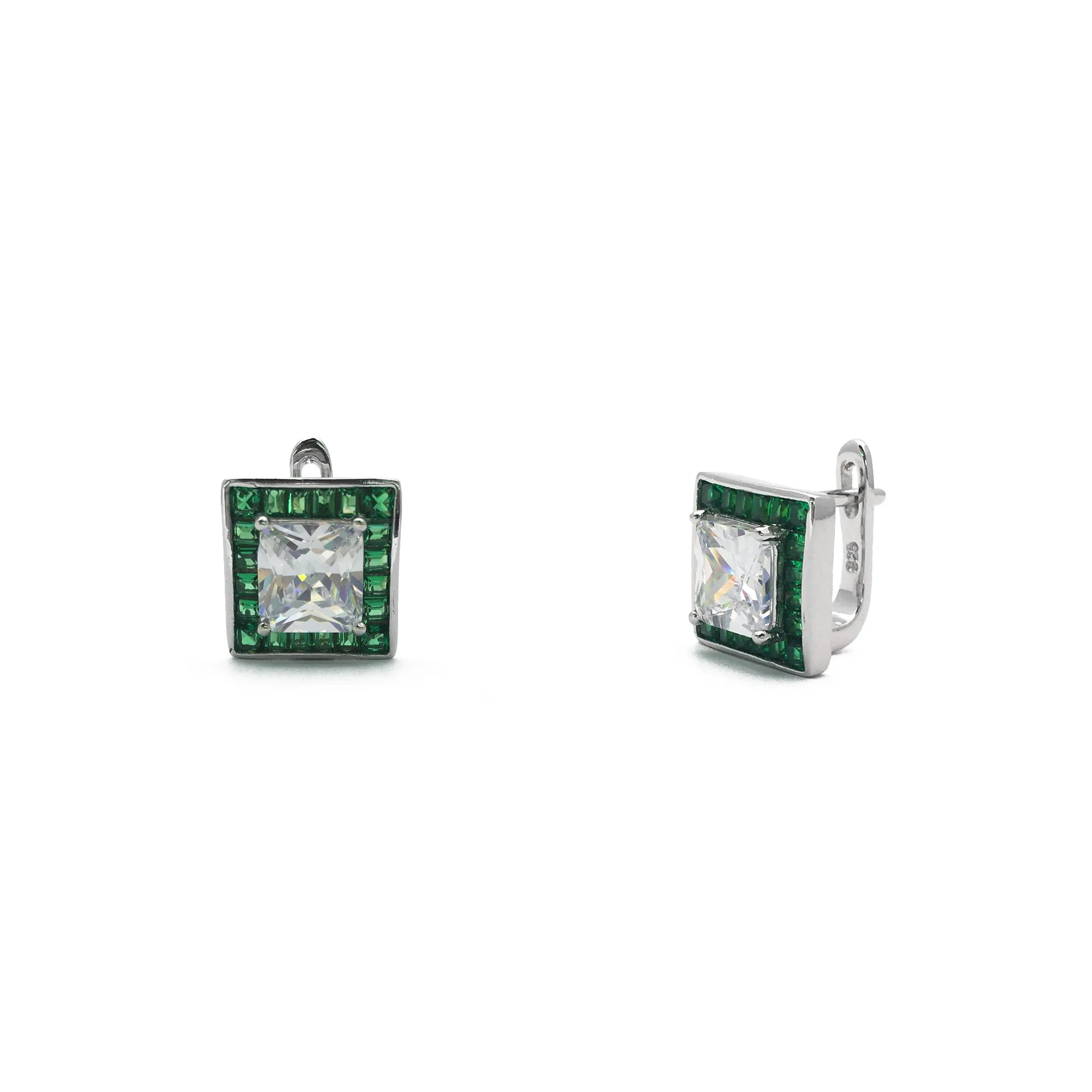 Princess Zirconia Faux Emerald Halo Stud Earrings (Silver)