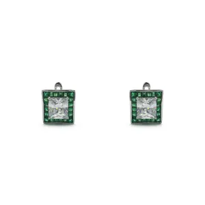 Princess Zirconia Faux Emerald Halo Stud Earrings (Silver)
