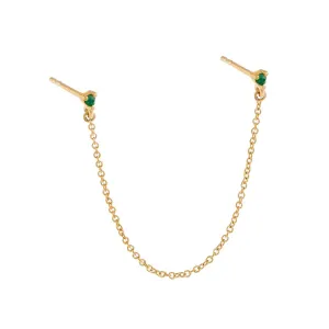 Prong Set Double Emerald Chain Stud Earring 14K