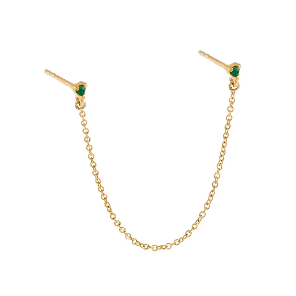 Prong Set Double Emerald Chain Stud Earring 14K