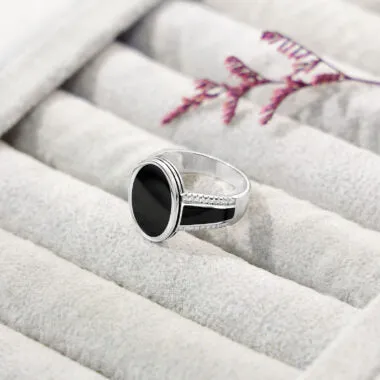 Pure 925 Silver Ring - Oval-Shaped Black Onyx Ring