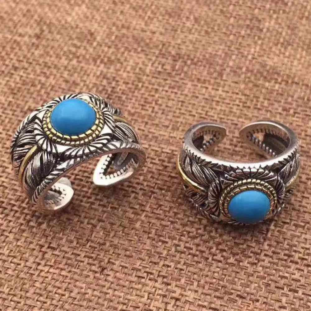 Real Solid 925 Sterling Silver Gem Rings Feather Fashion Couples Jewelry Open Size Adjustable