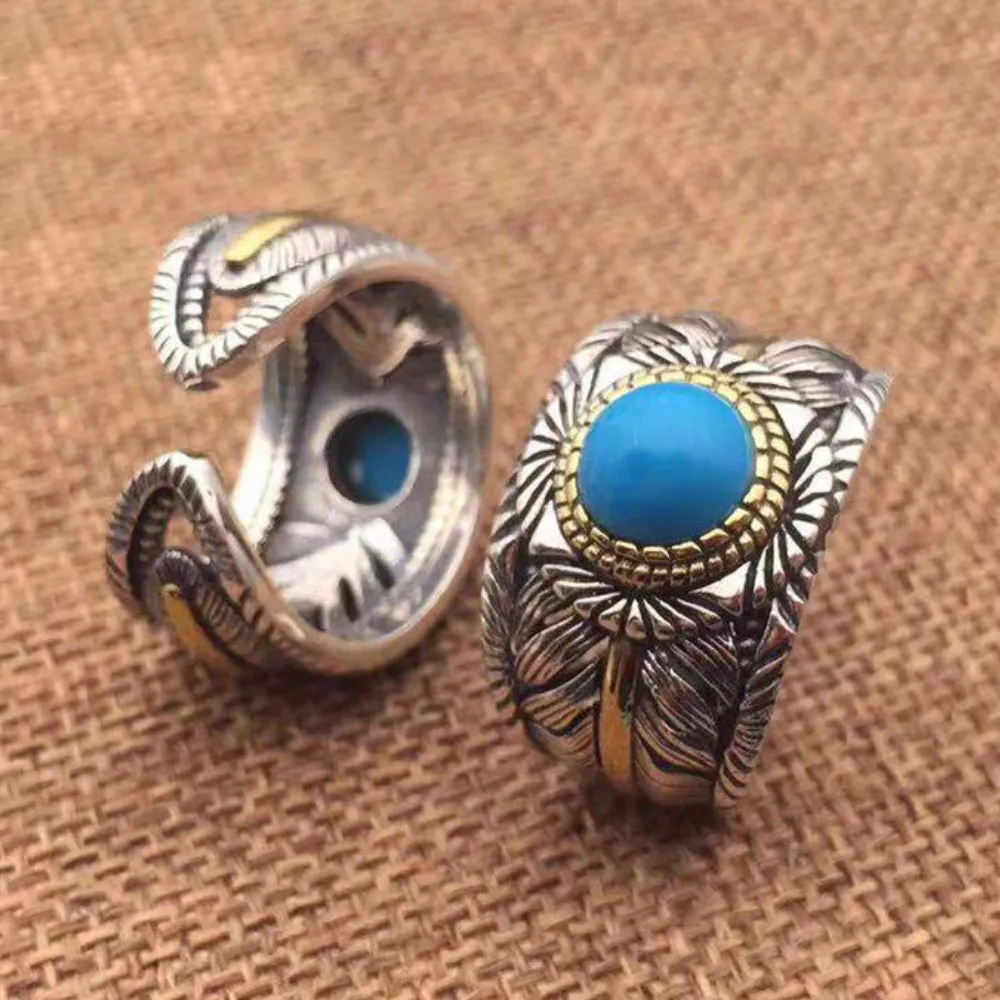 Real Solid 925 Sterling Silver Gem Rings Feather Fashion Couples Jewelry Open Size Adjustable