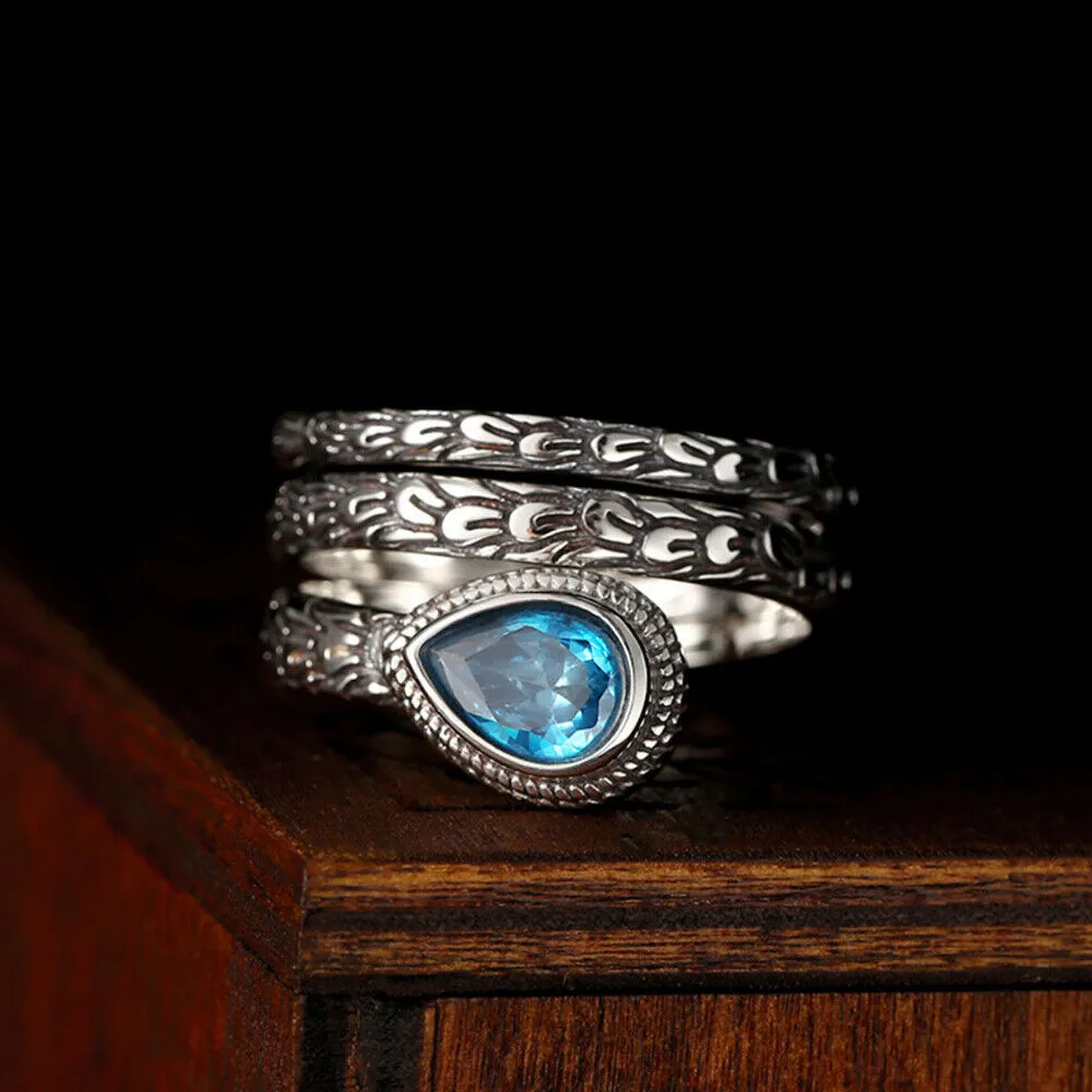 Real Solid 925 Sterling Silver Gemstone Rings Feather Water Drop Fashion Punk Jewelry Open Size 6-9