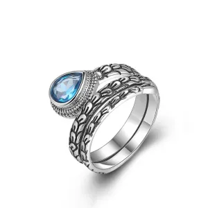Real Solid 925 Sterling Silver Gemstone Rings Feather Water Drop Fashion Punk Jewelry Open Size 6-9