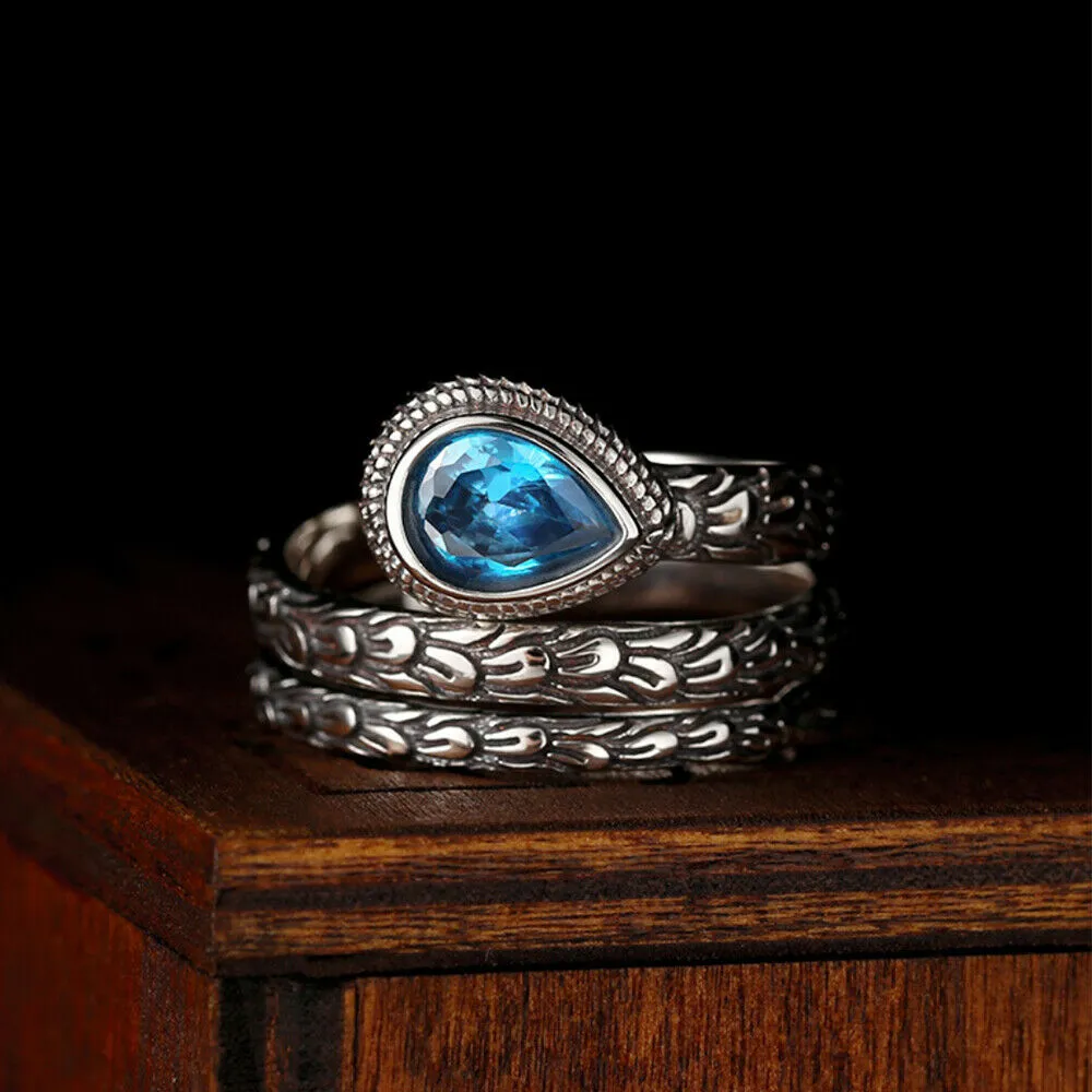 Real Solid 925 Sterling Silver Gemstone Rings Feather Water Drop Fashion Punk Jewelry Open Size 6-9
