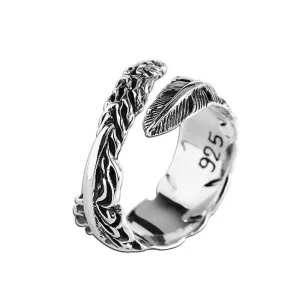 Real Solid 925 Sterling Silver Rings Feather Fashion Punk Couples Jewelry Open Size Adjustable