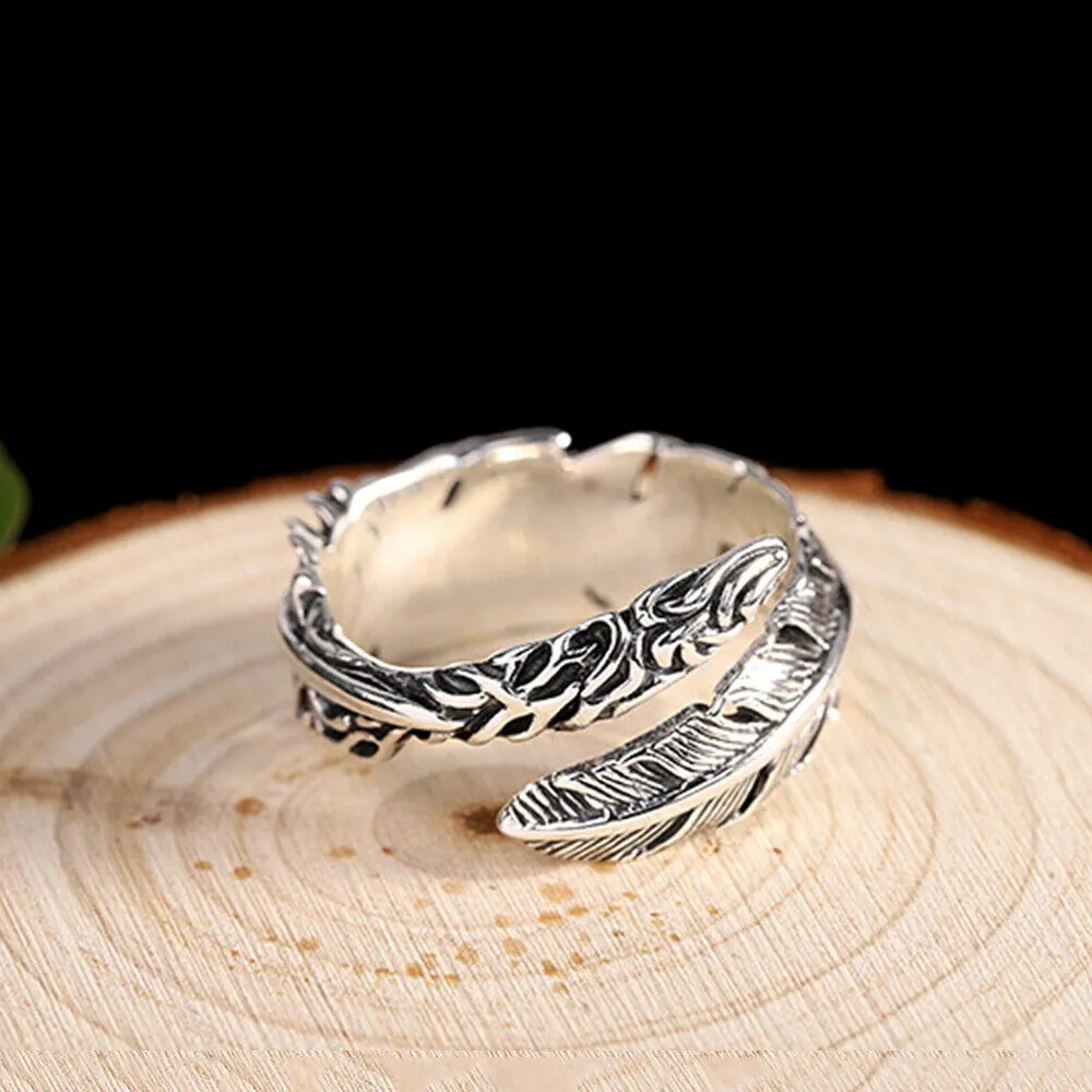 Real Solid 925 Sterling Silver Rings Feather Fashion Punk Couples Jewelry Open Size Adjustable