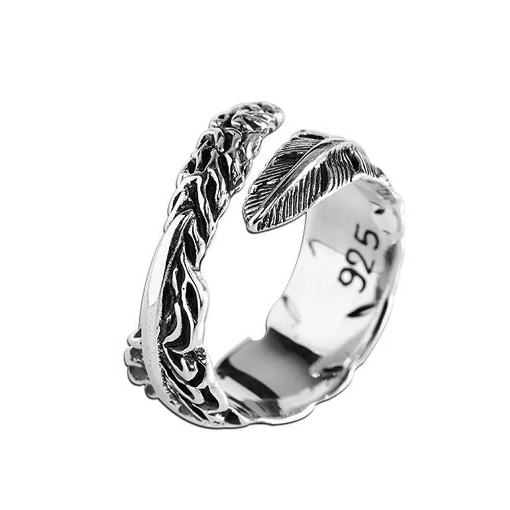 Real Solid 925 Sterling Silver Rings Feather Fashion Punk Couples Jewelry Open Size Adjustable