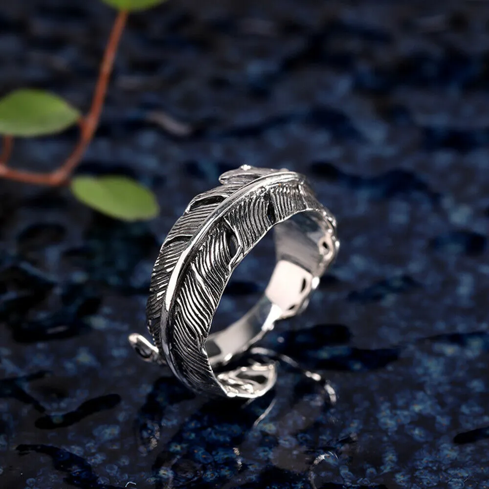 Real Solid 925 Sterling Silver Rings Feather Fashion Punk Couples Jewelry Open Size Adjustable