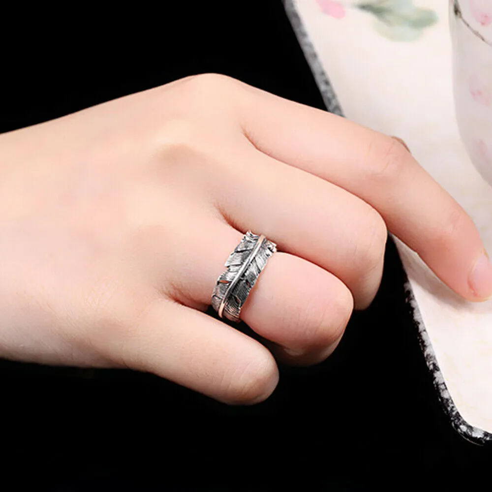 Real Solid 925 Sterling Silver Rings Feather Fashion Punk Couples Jewelry Open Size Adjustable