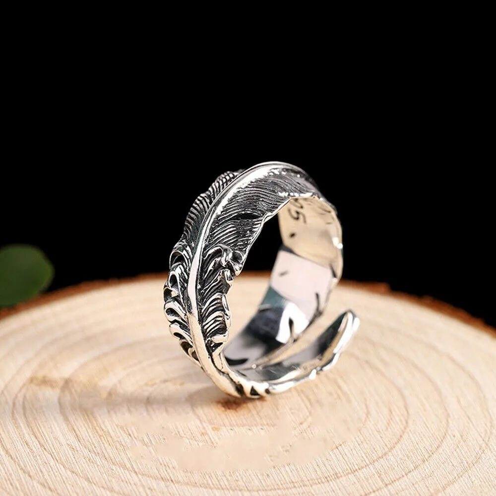 Real Solid 925 Sterling Silver Rings Feather Fashion Punk Couples Jewelry Open Size Adjustable