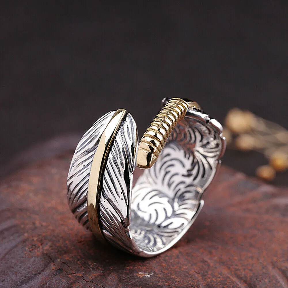 Real Solid 925 Sterling Silver Rings Feather Pattern Hip Hop Punk Jewelry Open Size Adjustable