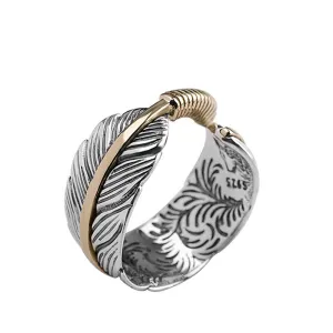 Real Solid 925 Sterling Silver Rings Feather Pattern Hip Hop Punk Jewelry Open Size Adjustable
