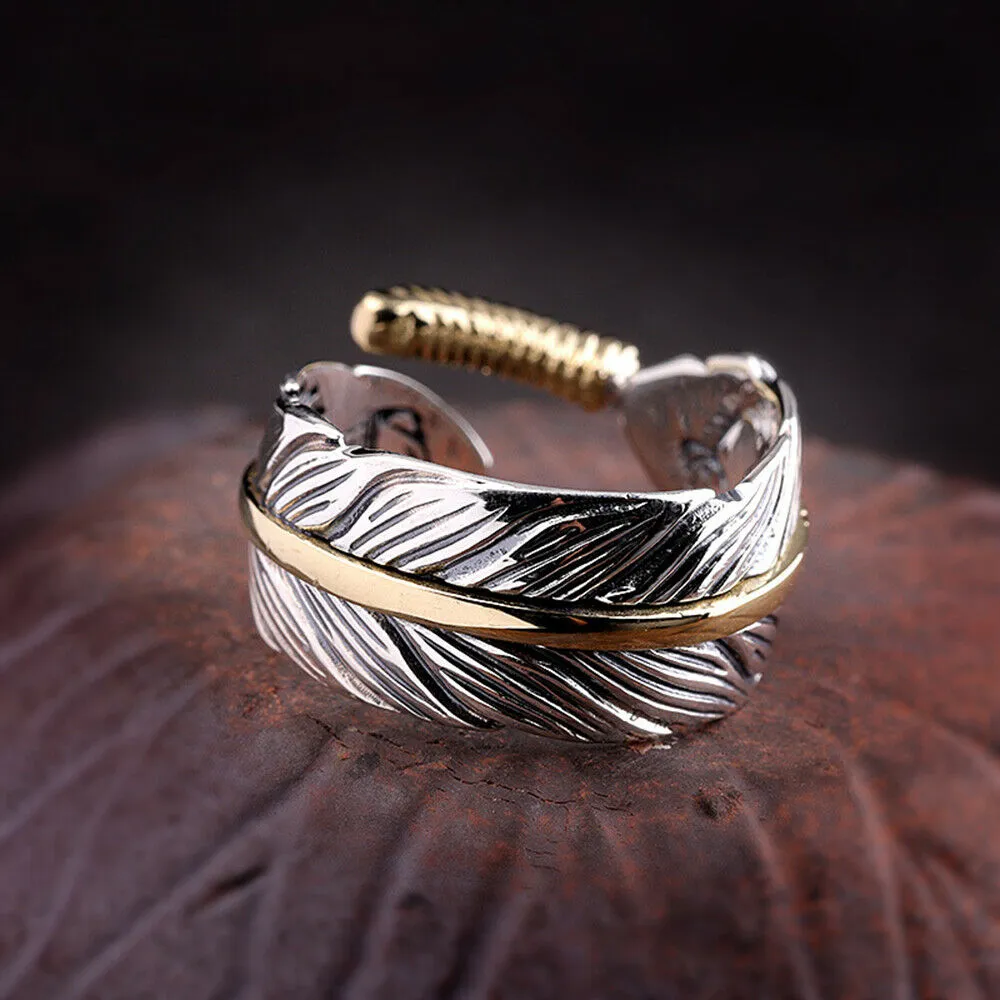 Real Solid 925 Sterling Silver Rings Feather Pattern Hip Hop Punk Jewelry Open Size Adjustable